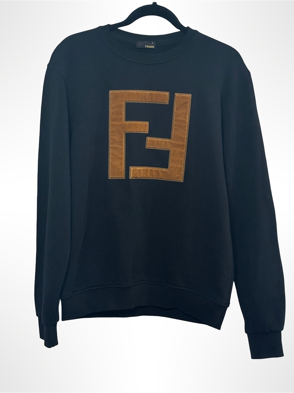 FENDI FF Velvet Logo Crewneck Sweatshirt Black - Size L (Fits M)